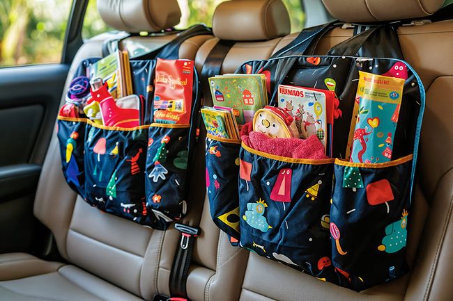 Auto sēdekļu organizatori ar bērnu mantām un grāmatām ceļojumam.