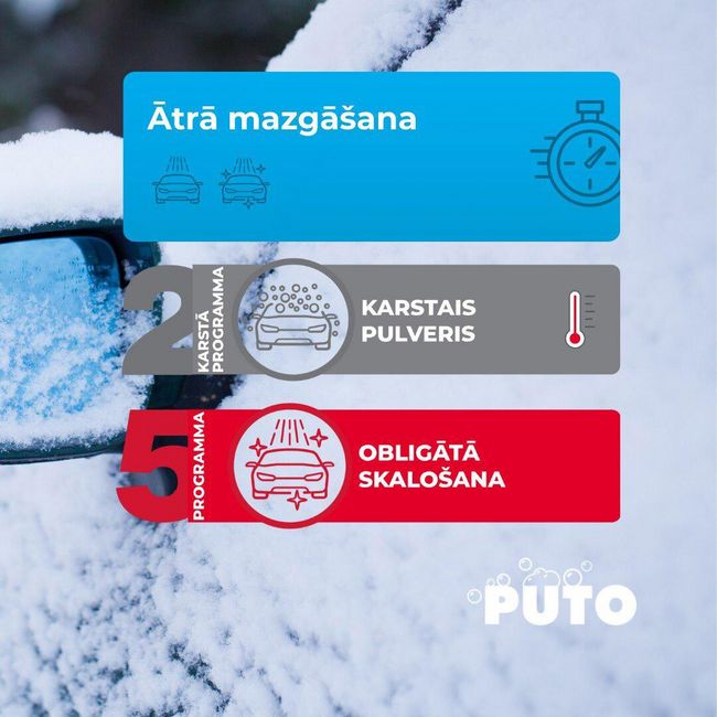 During winter, PUTO offers car wash programs including quick wash, hot powder, and mandatory rinse.