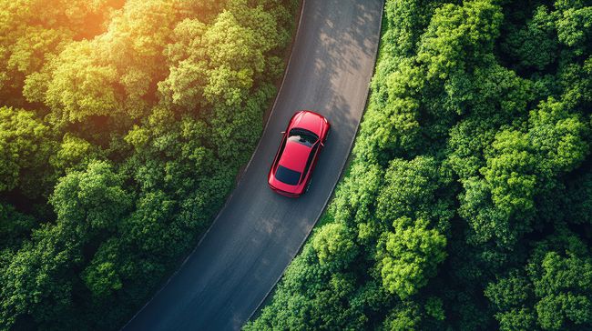 Sarkana automašīna brauc pa meža ceļu, saules gaismā apspīdēta koku ainava.