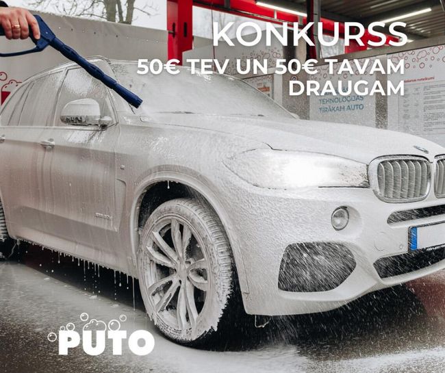 Auto ar putām PUTO automazgātavā, roka ar mazgāšanas pistoli. Konkurss – laimē 50€ sev un draugam.