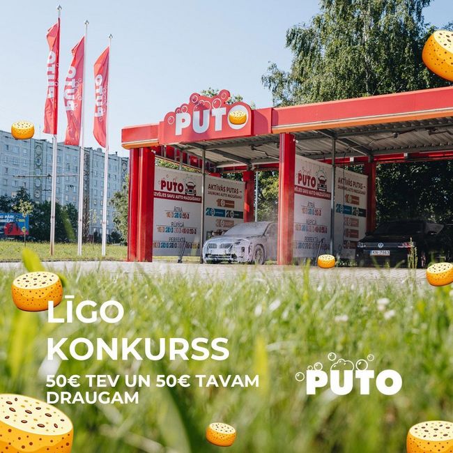 PUTO car wash with LĪGO Contest banner, offering a chance to win €50 for you and €50 for a friend.