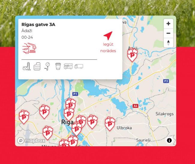 PUTO car wash locations map in Riga for commercial vehicles.