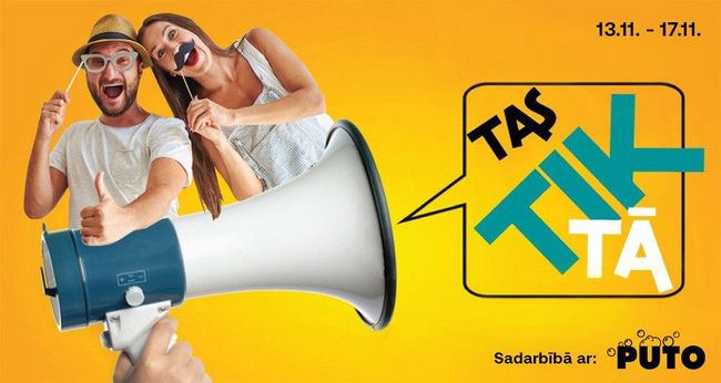 Promotional banner with two people posing excitedly, large megaphone, and text "Tas Tik Tā."