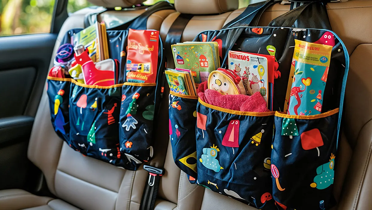 Auto sēdekļu organizatori ar bērnu mantām un grāmatām ceļojumam.