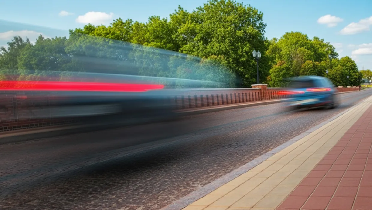 Tumši zila automašīna brauc pa ceļu vasaras saulainā dienā - gatavošanās tālākam braucienam ar PUTO padomiem