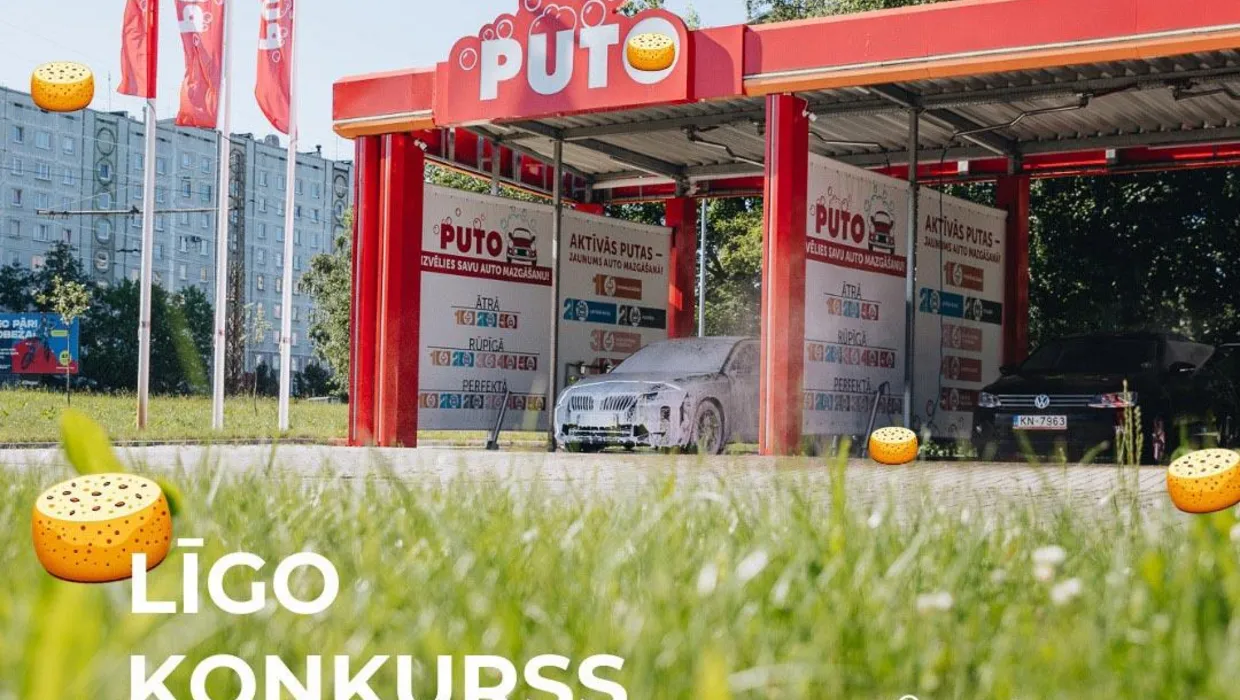 PUTO car wash with LĪGO Contest banner, offering a chance to win €50 for you and €50 for a friend.