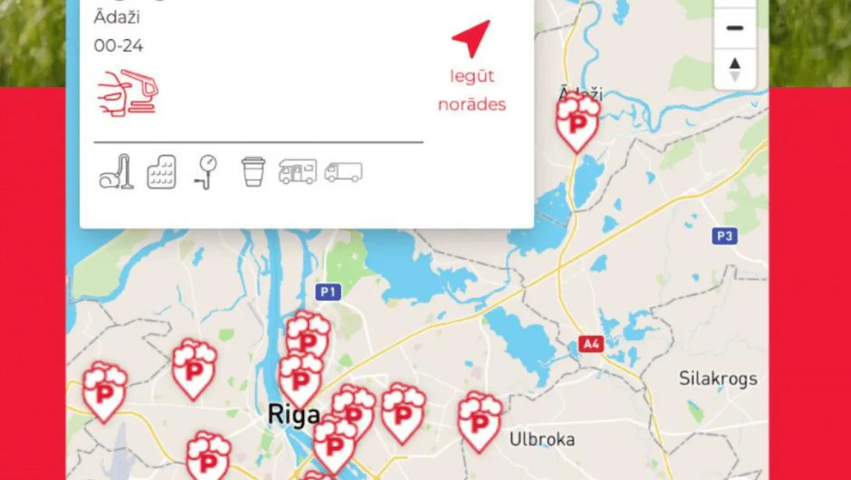 PUTO car wash locations map in Riga for commercial vehicles.