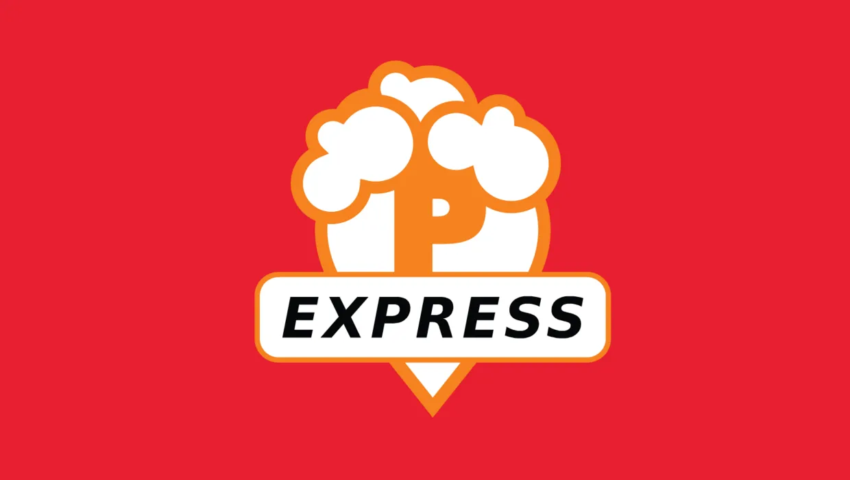 Burbulis ar burtiem "P EXPRESS" uz sarkana fona, simbolizē automazgātuves uz kartes